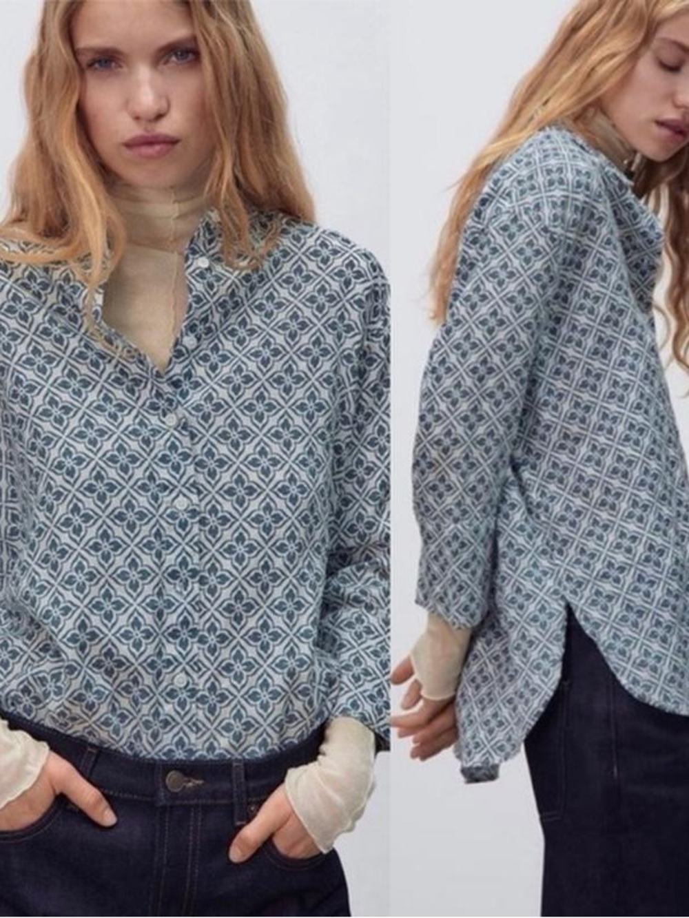 NWOT Zara Sz L 100% Linen Boxy Blue Printed Button Up 3/4 Sleeves Summer Boho